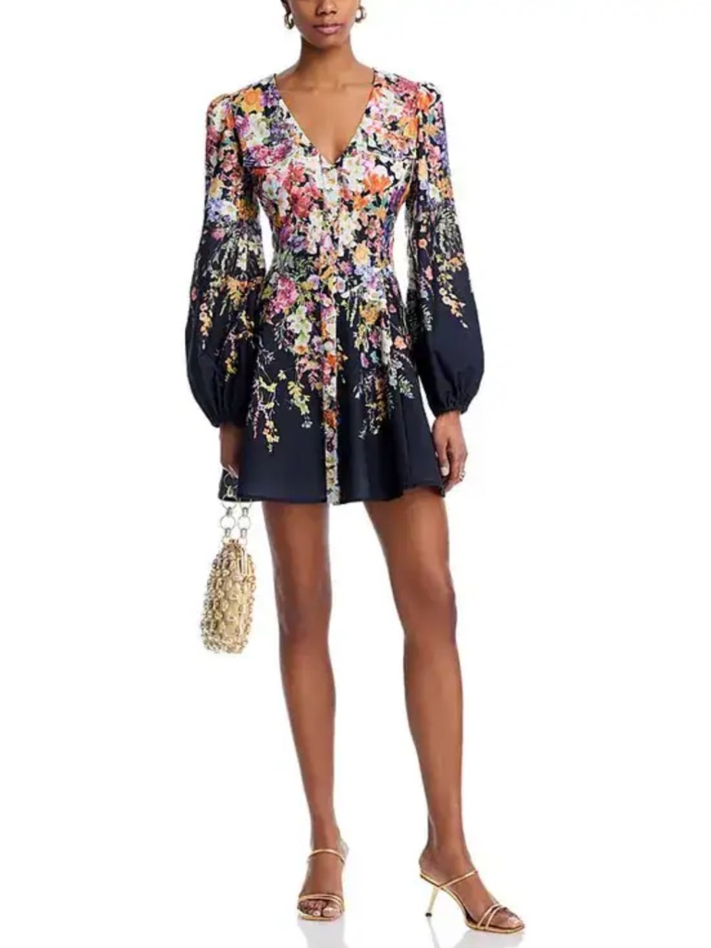 Aqua Floral V-Neck Balloon Sleeve Mini Dress in Black and Multi